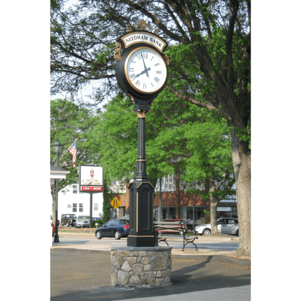 Large Two Dial Howard Street Clock Illuminated Header Wellesley MA