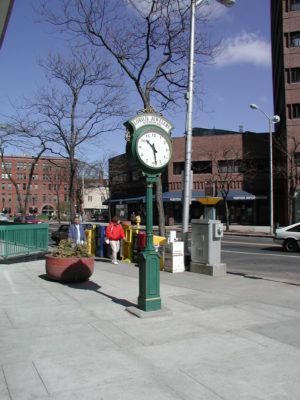 Small Two Dial Howard Street Clock Illuminated Header Springfield MA
