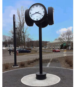 Four dial moderne street clock with a simple design, suitable for use in train stations or residences