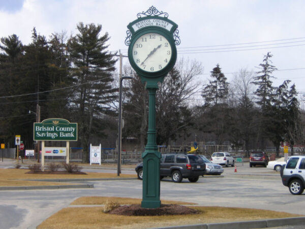 Large Two Dial Howard Street Clock Illuminated Header Attleboro MA
