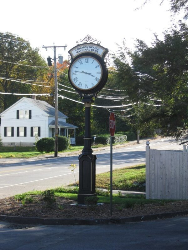 Large Two Dial Howard Street Clock Illuminated Header Whitinsville MA