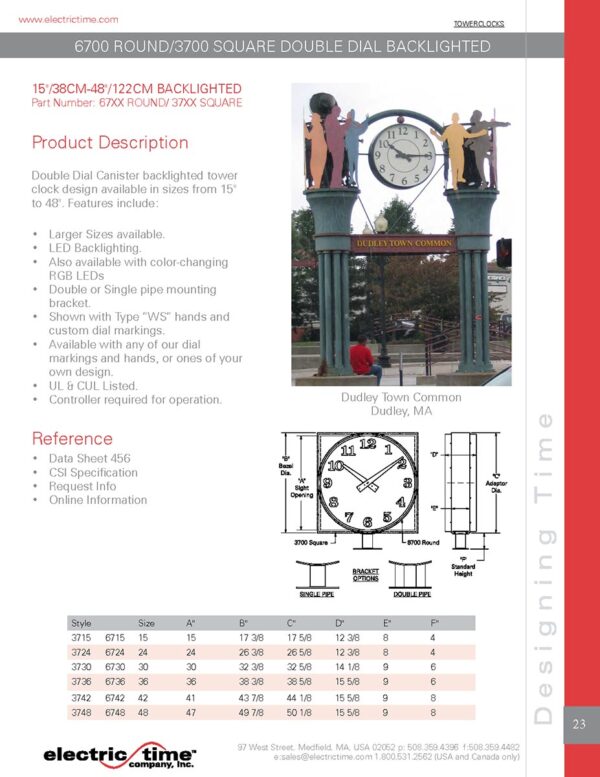 Double Faced Tower Clock Catalog Sheet