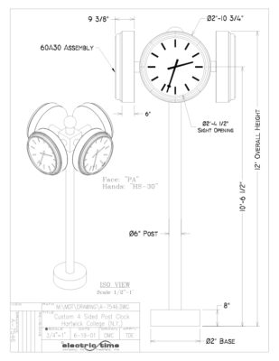 Four dial street clock drawing, 12 feet high (3.66 meters). Sleek and modern design perfect for public spaces