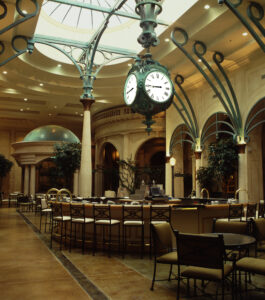 Seth Thomas street clock hanging from the ceiling at a Las Vegas hotel.