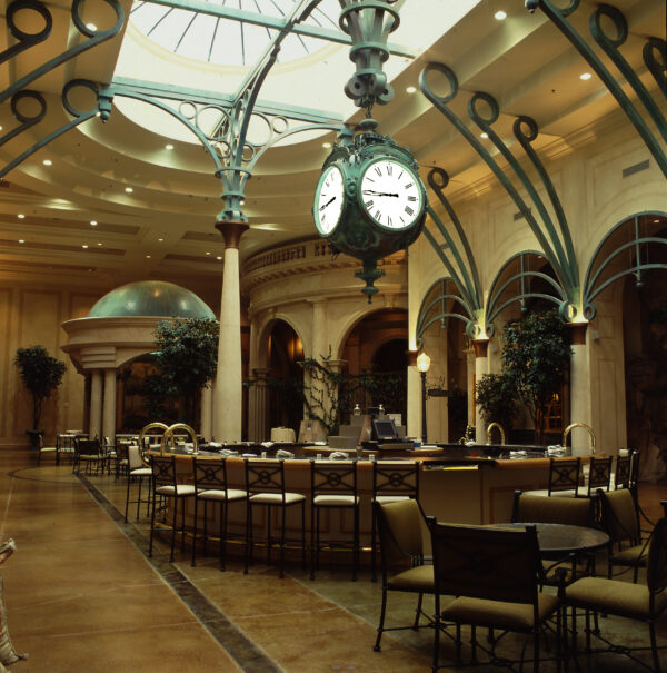 Seth Thomas street clock hanging from the ceiling at a Las Vegas hotel.