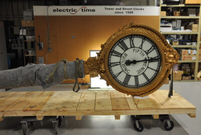 A fully restored street clock crafted by Electric Time Company, soon to be installed at 200 Fifth Avenue, NYC