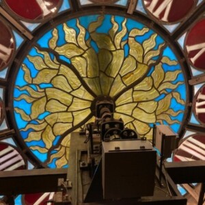 Rear view of the stunning stained glass surrounding Grand Central Terminal's Tiffany clock.