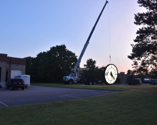 Tower Clock illumination on test at dawn. Tower Clock illumination testing