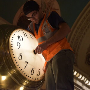 Installing new clock mechanisms in the Globe Clock at Grand Central Terminal.