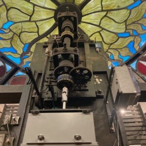Rear view of the intricate mechanism behind Grand Central Terminal's Tiffany clock.