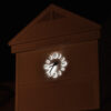 LED halo-lighted outdoor clock with Roman numerals at the Shops at Putterham, Chestnut Hill MA. Aluminum hands and numerals with polyurethane and clear coat finish