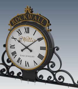 Rendering of Scroll Mounted Exterior Pedestal Clock for Willis Fine Jewelers - Rockwall, TX