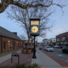 Restored two-dial O.B. McClintock street clock at Dean Bank, Franklin, MA.