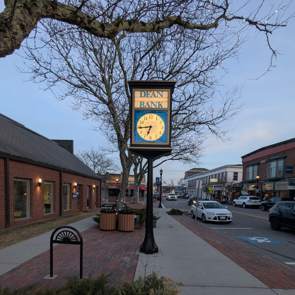 Restored two-dial O.B. McClintock street clock at Dean Bank, Franklin, MA.