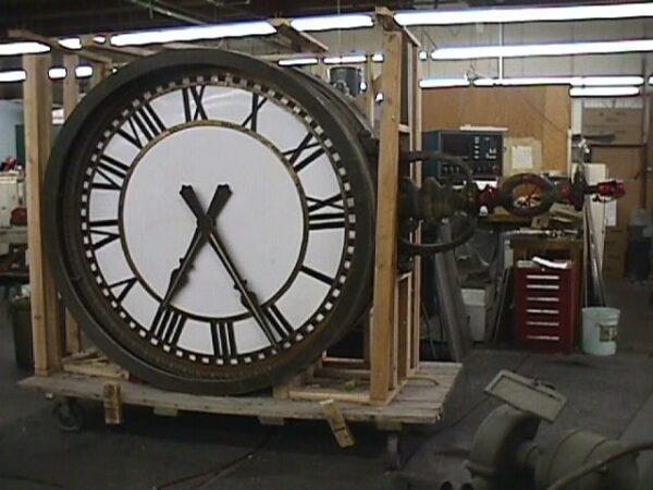 Double-sided clock in our shop before restoration